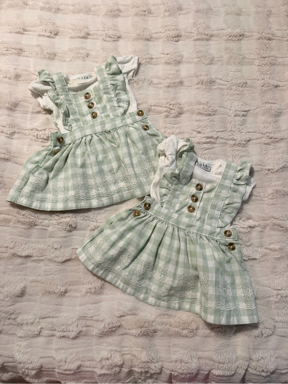 Set of (2) Nicole Miller Mint & White Gingham Ruffle Pinafore Dresses